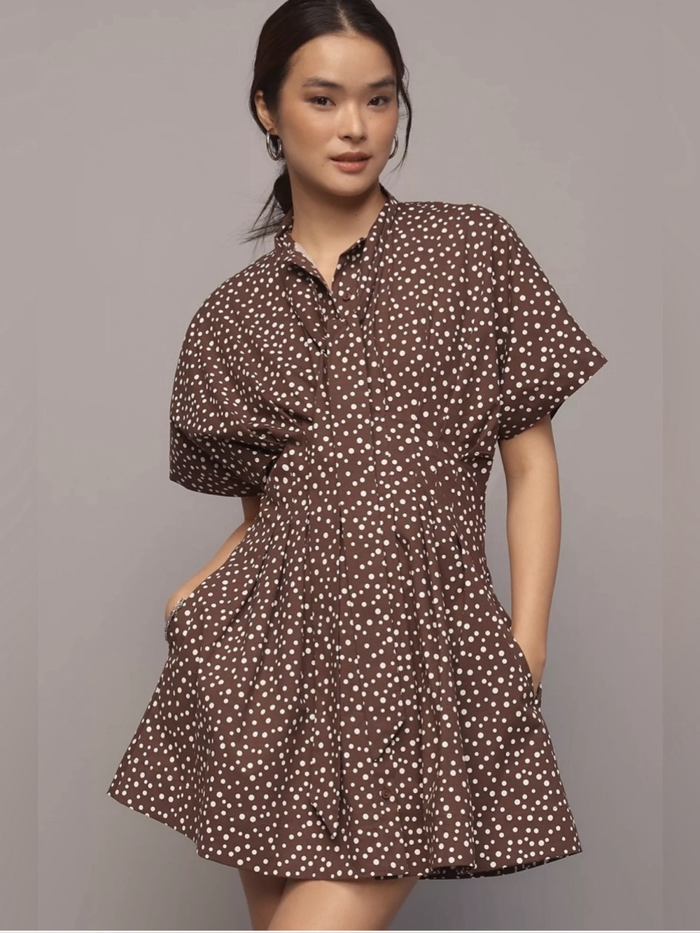 Anthropologie Tobie Tie-Neck Shirt Dress |Brown Polka Dot | Size XXS